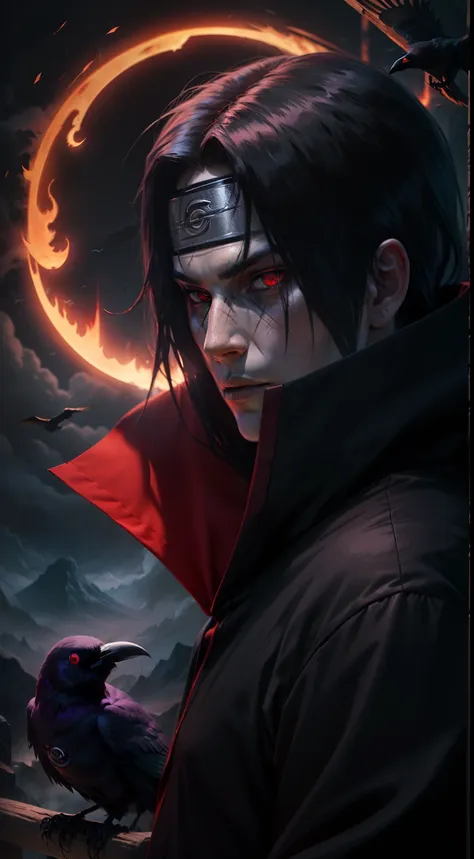 itachi uchiha, darkness envelops him, flaming sharingan eyes, a raven by his side, hidden powers awaken, black flames consuming ...