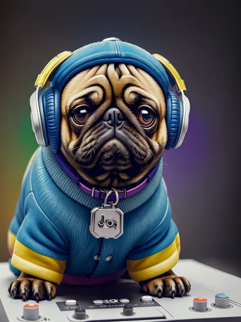 um cachorro Pug, pintura estilo 3D aquarela, DJ dog listening to music, DJ Pug Dog, imagem completa, High resolution high contrast (fotorrealista:1.5), (Foto RAW, 8k UHD,