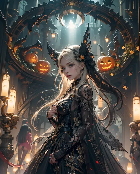 Best quality, masterpiece, meticulous details, intricate detail, realistic, a hot futuristic lady amidst spooky halloween vibes, lens flare effect