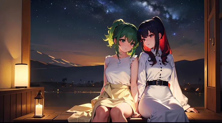 masterpiece, lots of detail, 4k, 8k, ((ultra-detailed)), highres, soft lighting, 2girls, outside, night, stargazing, stars, holding hands, {red hair|green hair|black hair|blue hair}, {ponytail|short hair|long hair|curly hair}