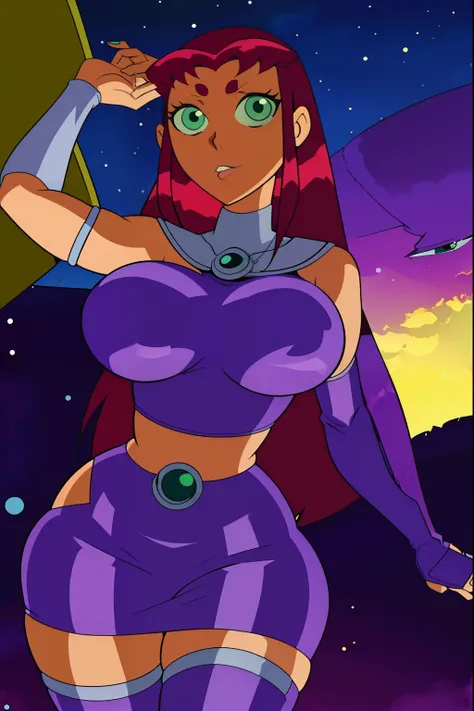 Teen titans, Starfire, anime, masterpiece, 1girl, ((bimbo))), green eyes, beautiful eyes, long red hair, thick lips, wide hips, thick thigh, big breast, huge ass, shiny skin, purple skirt, purple top, posing