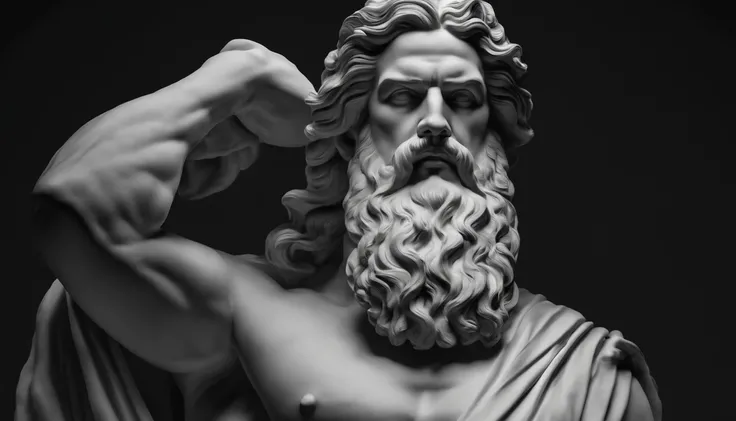 A statue of Zeus, corpo forte, musculoso, barba grande, Stoic appearance, poderoso em preto e branco 4K, papel de parede super realista