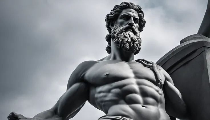 A statue of Zeus, corpo forte, musculoso, barba grande, Stoic appearance, poderoso em preto e branco 4K, papel de parede super realista