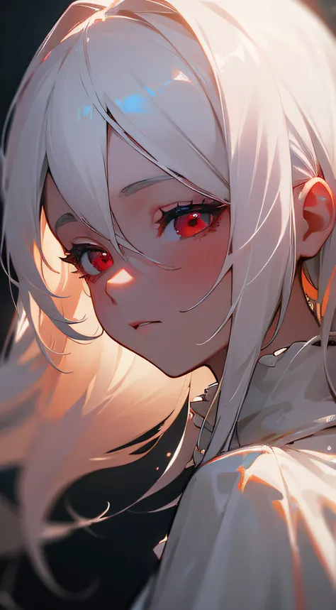 ((ultra-detailed, soft lighting)), masterpiece, best quality, detailed lighting, holy lighting, perfect face, white hair,soft, sensual, morning, red eyes,contrast