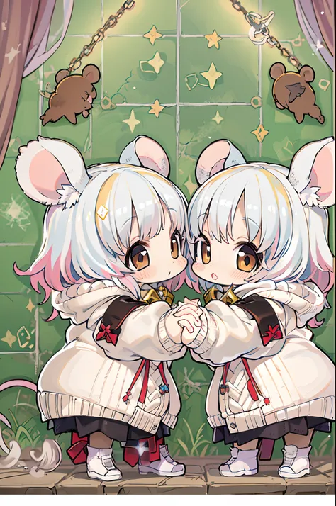 twins, Mouse Girls, short fluffy white hair, Big round mouse ears, White sweater, Holding hands, ((dark brown eyes)), a couple, Beautiful, Glossy lips, Detailed eyes,Chibi