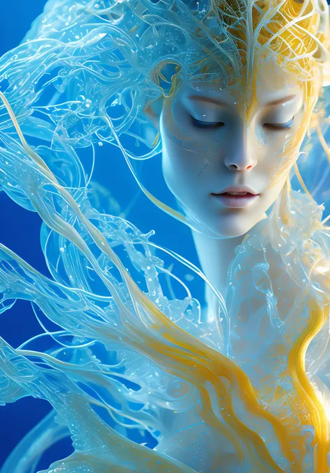 translucent women in biomechanical body, liquid cooling, intricate circuits, beautiful, elegant, white gradient with orang, yellow and golden smoke and blue crystal liquid, stunning, render, hyper realistic, octane render