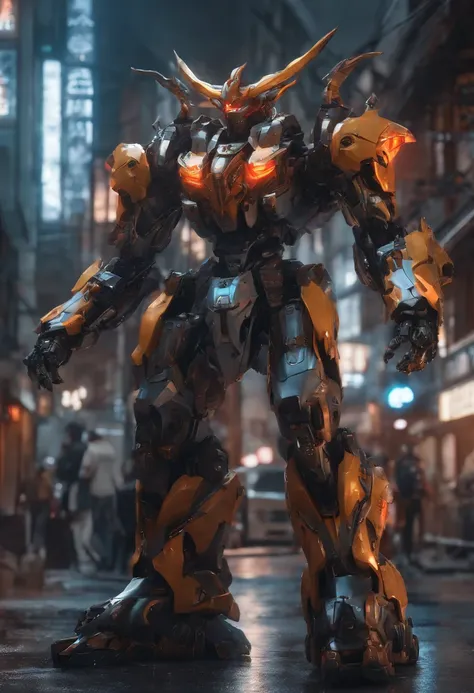 (Demon God Mecha, 3D rendering), background city street center, clear HD, 8K resolution, very detailed, digital painting, concept art, Shinkai Makoto style, pop popularization trend, pop, pop trend on pixiv.