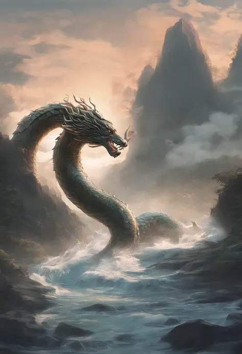 Xuanwu（the body of the，faucet，The long tail of the snake），tosen，Huge waves，China-style，oc rendered，super-fine，Hyper-realistic，Ultra photo realsisim，high qulity，8K high resolution，ultra - detailed