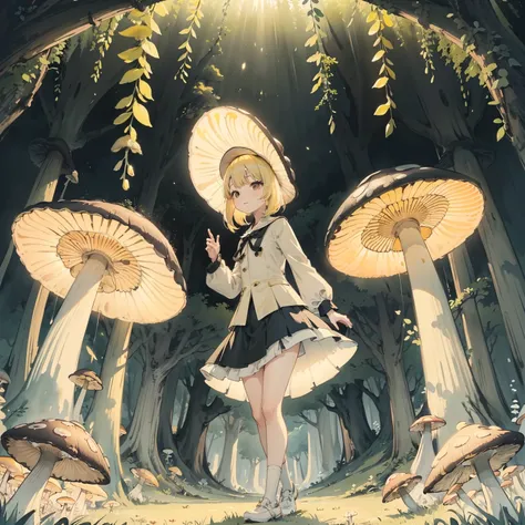 Beautiful and aesthetic,, Solo,Cute,Yellow hair,pleatedskirt，Dance，Cogumelos，Mushrooms，Huge mushrooms，spore，(glowing ambiance, enchanting glow, luminouslighting, Ethereal atmosphere,Watercolor illustration, Perfect anatomy, Masterpiece, Best quality, 1girl...