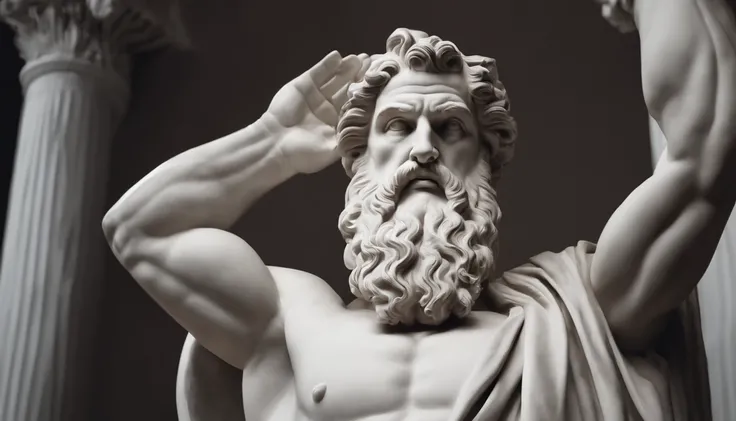 A statue of Zeus, corpo forte, musculoso, barba grande, Stoic appearance, poderoso em preto e branco 4K, papel de parede super realista