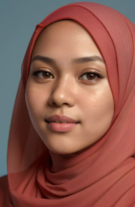 a photo portrait of a beautiful malay girl with hijab, (plain pastel red hijab), light blue background, (face portrait:1.3), bright light , Rembrandt lighting scheme, (hyperrealism:1.2), (8K UHD:1.2), (photorealistic:1.2), shot with Canon EOS 5D Mark IV, d...