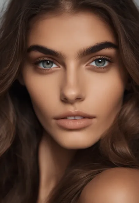 Femme type arabe , fille sexy aux yeux bruns, Portrait de Kaia Gerber , cheveux bruns et grands yeux, selfie of a young woman, Yeux Chambre , pas de maquillage, maquillage naturel, looking straight at camera, Visage avec Artgram, maquillage fin, Superbe pl...