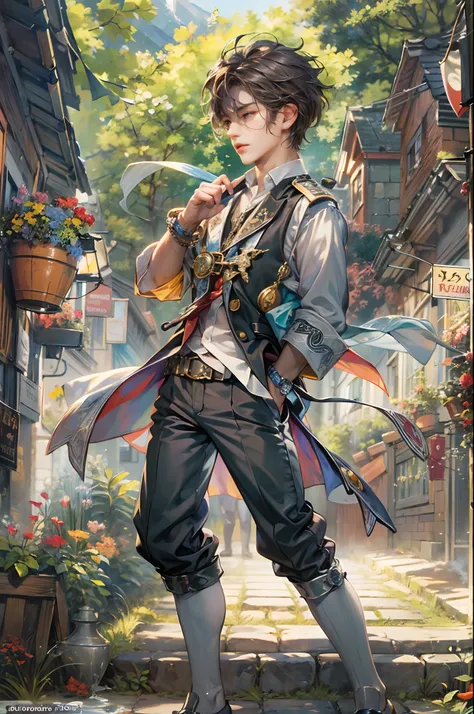 (absurdres, highres, ultra detailed, HDR), masterpiece, best quality, "rhapsody a musical adventure" ps1 game character, boy hero with short hair, detailed face, handsome face, anime eyes, at the town, detailed character, detailed outdoor scenery, art keno...