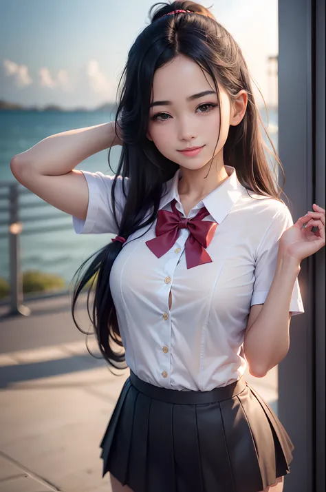 8K, Raw photo, Best Quality, masutepiece: 1.2), (Realistic, Photorealsitic: 1.37), Ultra-detailed, Schoolgirl in sailor suit with ponytail, Beautiful, Solo, Beautiful detailed sky, Detailed Coffee, Night,(Flushed nose), (Smile: 1.1), Long Black Hair　large ...