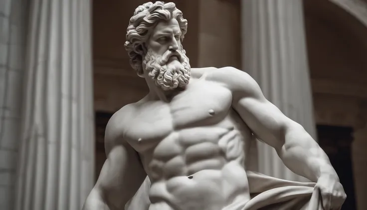 A statue of Zeus, corpo forte, musculoso, barba grande, Stoic appearance, poderoso em preto e branco 4K, papel de parede super realista