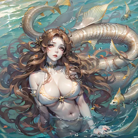 A peerless beauty swimming in the sea，mermaids，sea shell，Extra-long hair，(White skin of the)，(爆乳)，((super gigantic boobs))，Timid expression，beautiful fish tail，Perfect flesh，((tmasterpiece))，(Best quality at best)，(Highest definition)