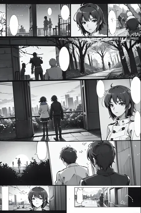 comic strip，Cartoon Split，Exceptional，Storyboard，Masterpiece, Anime college students standing under cherry blossom trees on campus, Bright starry sky. romantic couple, Makoto Shinkais picture, Pisif, concept-art, Lofi art style, Reflection. By Makoto Shink...