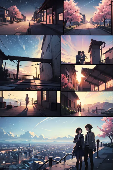 comic strip，Cartoon Split，Exceptional，Storyboard，Masterpiece, Anime college students standing under cherry blossom trees on campus, Bright starry sky. romantic couple, Makoto Shinkais picture, Pisif, concept-art, Lofi art style, Reflection. By Makoto Shink...