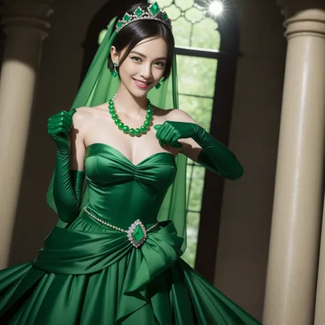 emerald tiara, Green Pearl Necklace, Boyish very short green hair, lipsticks, Japan woman smiling, very short short hair, fist, big breasts beautiful, Green eyes, Long green gloves made of satin material, Green eyes, Emerald Earrings