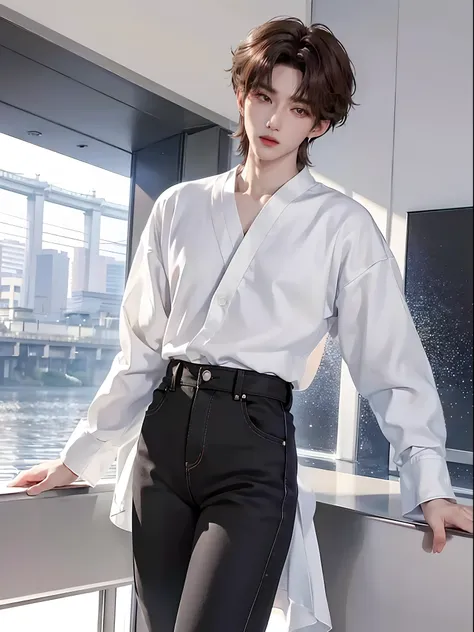 ​masterpiece、（top-quality)、((high-level image quality))、One Manly Boy、Slim body、((White Y-shirt and long black pants:1.1))、(Detailed beautiful eyes)、In the Han River、Face similar to Chaewon in Le Selefim、((short hair above the ears))、((Smaller face))、((Neu...