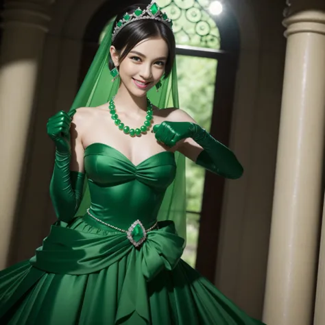 emerald tiara, Green Pearl Necklace, Boyish very short green hair, lipsticks, Japan woman smiling, very short short hair, fist, big breasts beautiful, Green eyes, Long green gloves made of satin material, Green eyes, Emerald Earrings