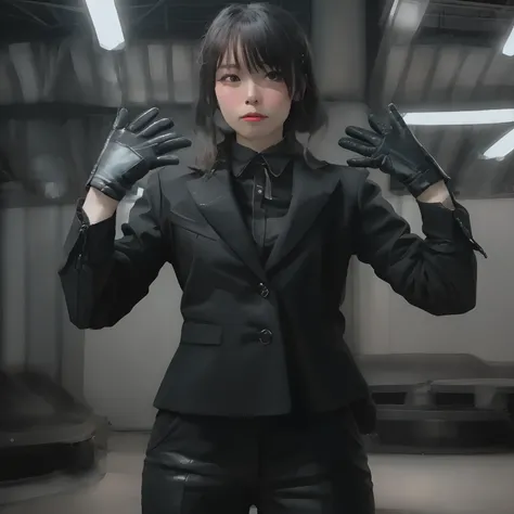 Young Japan woman lifting black suit up to shirt, Black leather gloves worn on both hands, Hands of a woman in a black suit and black leather gloves in front of her