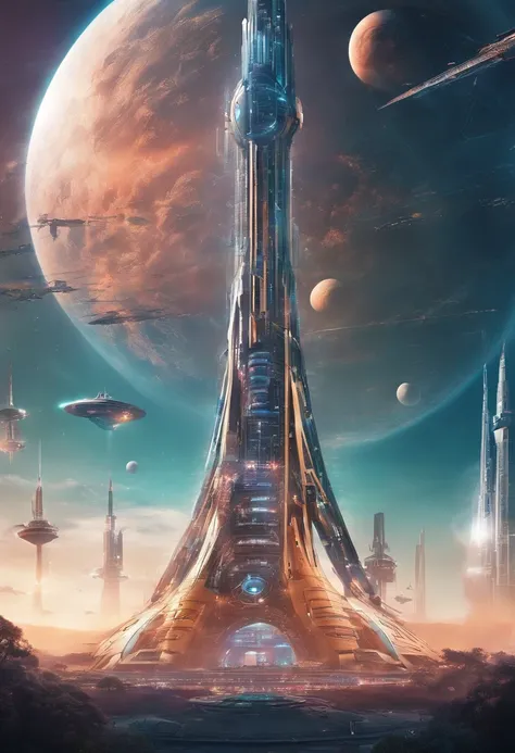 scientific and technological and futuristic technocratic world, huge tower in the sky