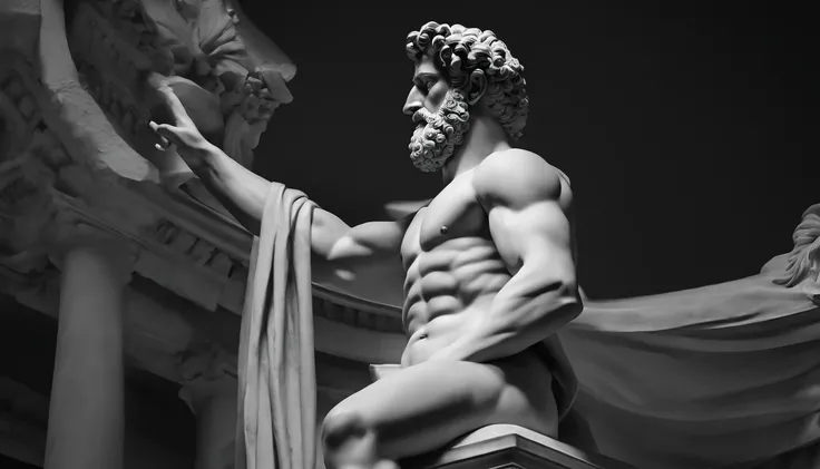 (best quality,4k,black and white:1.2),statue of stoic Marco Aurelius,side view,ultra-realistic wallpaper,strong body,shirtless,well-built torso