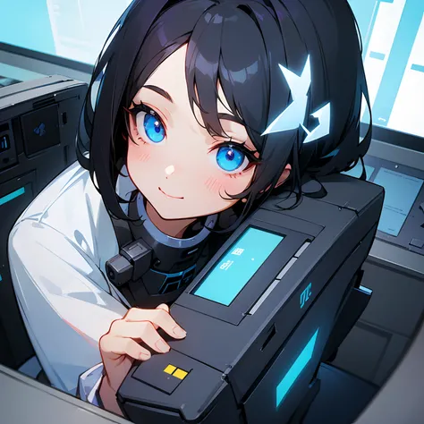 Beautiful illustration、top-quality、girl with、Black hair、shorth hair、A slight smil、Delicat eyes、blue eyess、personal computers、At work in the company、s Office