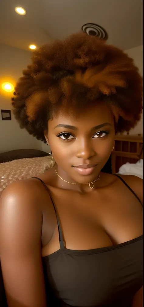 There is a woman with a very large afro sitting on a bed, avec afro, cheveux naturels, Grand afro, afro, dark complexion, Curly Afro, cheveux afro, rouge afro, Giant Afro!, peau brune, peau brun clair, dark skinned, dark-skinned, peau brune, with brown ski...