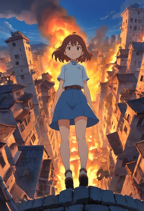 Mini giantess anime wallpaper, A mini-giantess girl stands in the center of a ruined and burning city, The city is on fire, Computer desktop wallpaper, Scarred face, from bottom to up view, The giantess looks at the observer, The city is on fire, great qua...