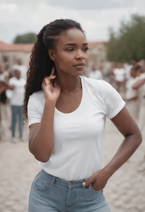 fille congolaise, 4K, super realistic, debout, dans un t-shirt blanc, dans un jean bleu, basket nike blanc, avec des tresses noir