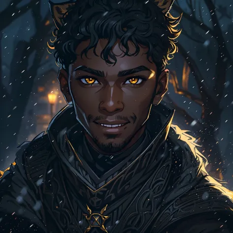 Close up in a beautiful black man with short wavy hair, young man, confident eyes, Black beauty, golden eyes, lynx ears, and a confident smile, dressed in dark and black attire like an assassin, a fantasy character, an RPG character. Warm lighting, snowfla...