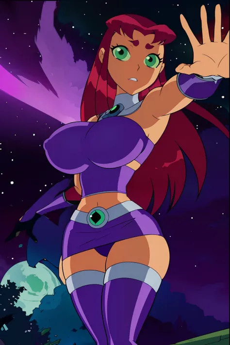 Teen titans, Starfire, anime, masterpiece, 1girl, ((bimbo))), green eyes, beautiful eyes, long red hair, wide hips, thick thigh, big breast, huge ass, shiny skin, purple skirt, purple top, reaching hand out blasting green energy at viewer, fighting, green ...