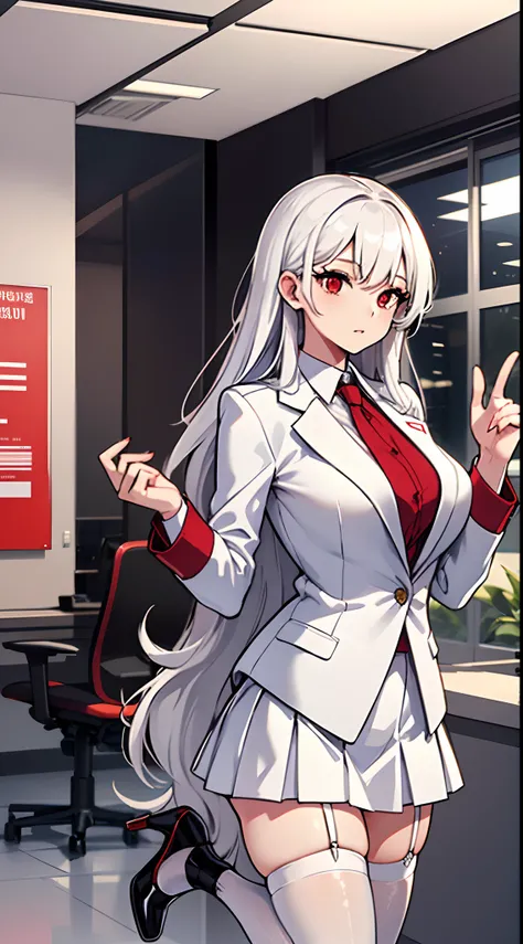 1woman, long white haired, slim build, red eyes, office attire, red blouse, white shirt, white skirt, black stockings, red blazer, red high heels, Masterpiece, perfect hands, nice hands