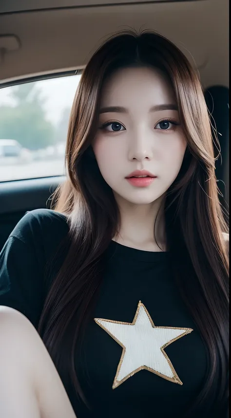 Realistic photos of (1 cute Korean star) straight hair, thin makeup, 32 inch breasts size, wearing t-shirt, sitting in the car, close-up portrait, selfie, cinematic lightning, UHD