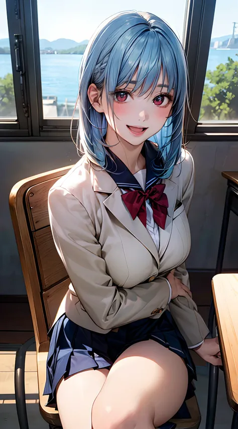 (masterpiece:1.2, top-quality), (realistic, photorealistic:1.4), beautiful illustration, NSFW, 
looking at viewer, cowboy shot, front view:0.8, 
1 girl, japanese, high school girl, light blue hair, (middle hair:1.6), bangs, hair between eye, red eyes, larg...