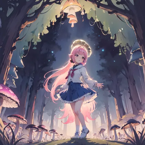 Beautiful and aesthetic,, Solo,Cute,colorfulhair,pleatedskirt，Dance，Cogumelos，Mushrooms，Huge mushrooms，spore，(glowing ambiance, enchanting glow, luminouslighting, Ethereal atmosphere,Watercolor illustration, Perfect anatomy, Masterpiece, Best quality, 1gir...