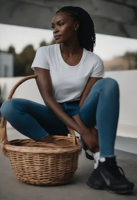 fille congolaise, 4K, super realistic, debout, dans un t-shirt blanc, dans un jean bleu, basket nike blanc, avec des tresses noir