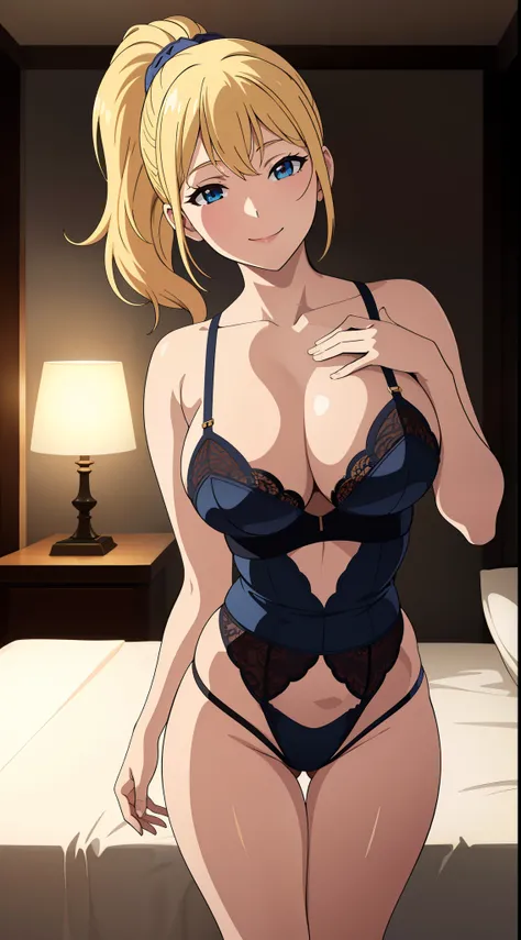 (best quality:1.5, highres, UHD, 4K, detailed lighting, shaders), blonde ponytail, busty, lingerie, thighs, standing, smiling, bedroom background, (pov, close shot)