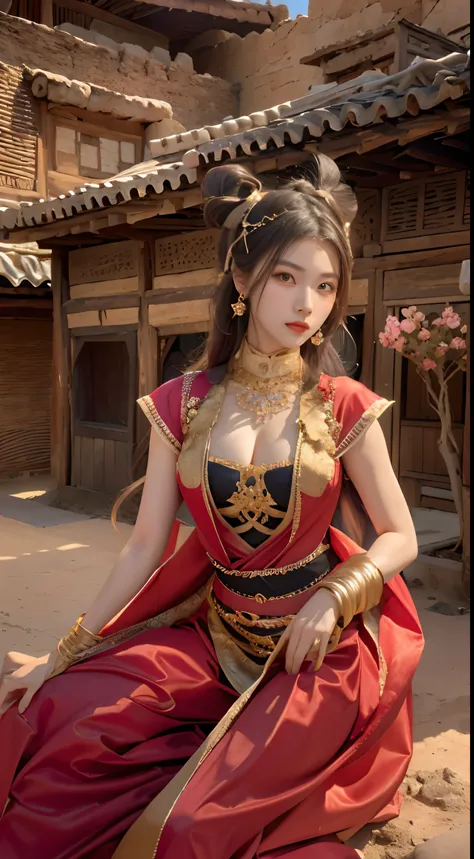 (8k, RAW photo, best quality, masterpiece:1.2), (realistic, photo-realistic:1.4), (extremely detailed CG unity 8k wallpaper), (1 girl:1.5), Western beauty, (Red clothes: 1.4), red spots on forehead, pale skin, blush, big eyes, full body, thighs, open navel...