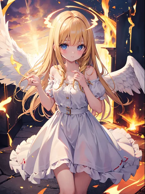 ((best quality)), 1girl, angel, angelic glow, angel in hell, fire