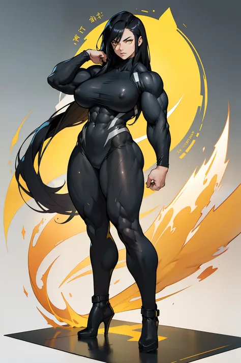 (((((1 girl))))), black hair, yellow eyes, very long hair, ((((((muscular)))))), tall, pale skin, bodysuit, ((full body)), (solo), curvy, wide hips, thick thighs, huge breasts