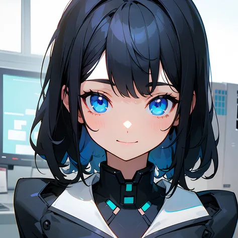 Beautiful illustration、top-quality、girl with、Black hair、shorth hair、A slight smil、sideways Facing、(((Delicat eyes)))、blue eyess、personal computers、officeworker、s Office、