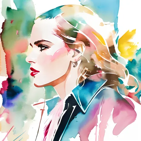 David downton fashion illustration, light brown blonde thin hair, pink lipstick, blue denim jacket, rock style, street, sunlight, watercolor, soft brushstrokes