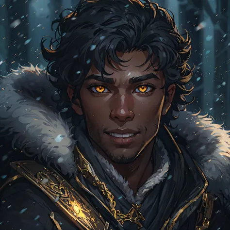 Close up in a beautiful black man with short wavy hair, young man, confident eyes, Black beauty, golden eyes, lynx ears, and a confident smile, dressed in dark and black clothes like an assassin, a fantasy character, an RPG character. Warm lighting, snowfl...