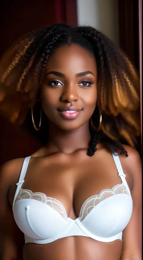 Half body seen from head to navel, extremely curvy, natural beautiful African woman, zero makeup, zero jewelry, chubby round cheeks, full moon face , visible cleft chin, highly curved  thin eye brows ,  closing up eye brows, chest long natural curly black ...