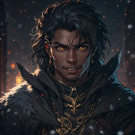 Close up in a beautiful black man with middle wavy hair, young man, confident eyes, Black beauty, golden eyes, cat ears, and a confident smile, dressed in dark and black clothes like an assassin, a fantasy character, an RPG character. Warm lighting, snowfl...