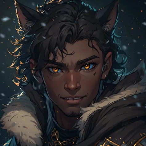 Close up in a beautiful black man with middle wavy hair, young man, confident eyes, Black beauty, golden eyes, cat ears, and a confident smile, dressed in dark and black clothes like an assassin, a fantasy character, an RPG character. Warm lighting, snowfl...