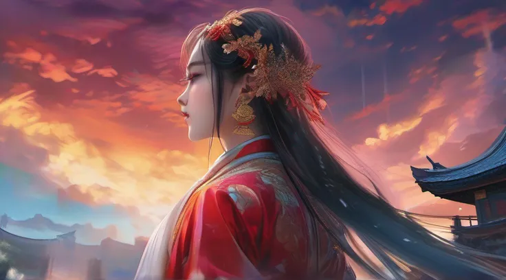 (8k, RAW photo:1.2),best quality, ultra high res,dramatic angle,(fluttered detailed color splashs), (illustration),(((1 girl))),(long hair),(rain:0.9),(hair ornament:1.4),there is an ancient palace beside the girl,chinese clothes,(focus on), color Ink wash...